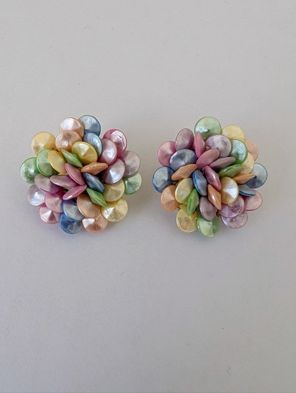 Vintage Clip On Earrings Iridescent Rainbow Large Beaded Clusters Gold Tone